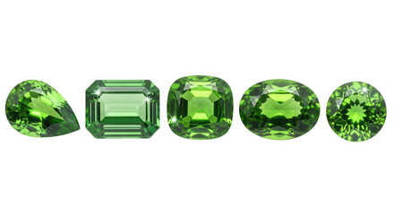 Green peridot gemstones collection isolated on transparent background