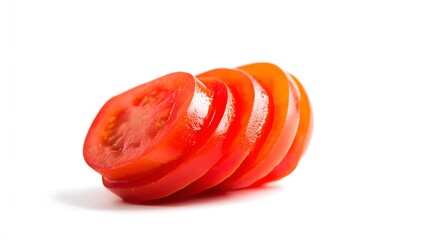 Several thick slices of ripe red fruit are neatly arranged on a bright white background