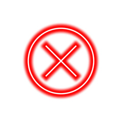 Fototapeta premium Red neon X symbol inside a circle, indicating denial, error, or a negative response on a white background.