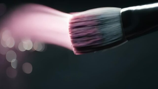 The paintbrush with pink paint spreads pink streaks as the paintbrush moves. Light highlights the pink bristles of the paintbrush against a dark background.