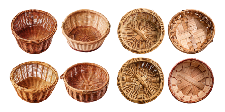 Collection of wicker baskets in different shapes isolated on transparent background