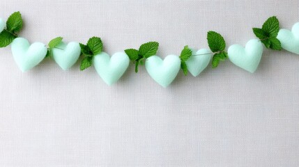 Decorative garland of mint green hearts intertwined with fresh mint leaves, creating a festive atmosphere for celebrations and special occasions, perfect for New Year and Christmas themes