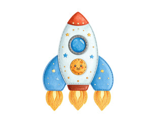 Watercolor Rocket Ship Illustration for Childrens Designs and Space Themes.