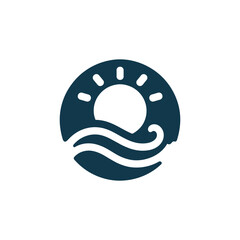 Dark blue circular logo featuring a sun with rays above two wavy lines representing water.