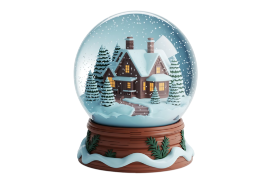 A charming snow globe featuring a cozy illuminated cabin nestled amongst snow covered pine trees on a black background - Powered by Adobe