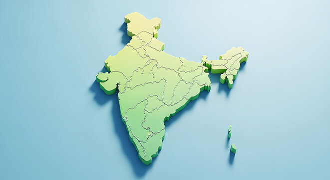 3D render of the map of India with state borders, in shades of green and yellow, against a blue background.