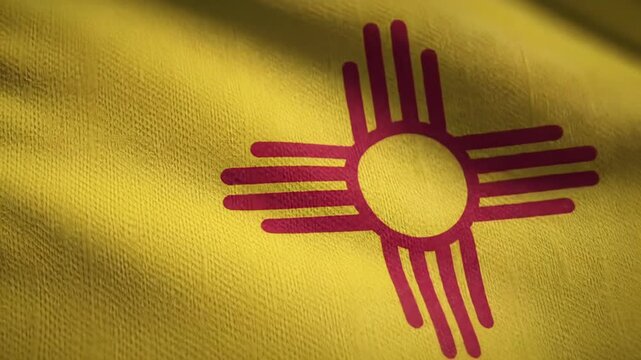 Tight close-up video of a saffron-yellow New Mexico state flag with vermillion Zia sun symbol, textured fabric gently billowing under soft light, blurred background. State identity and patriotism