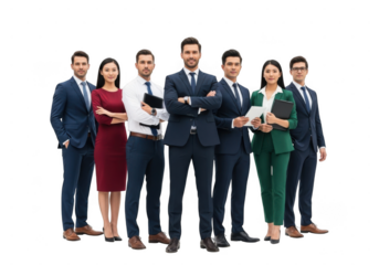 Group of professional businesspeople standing confidently isolated on transparent background