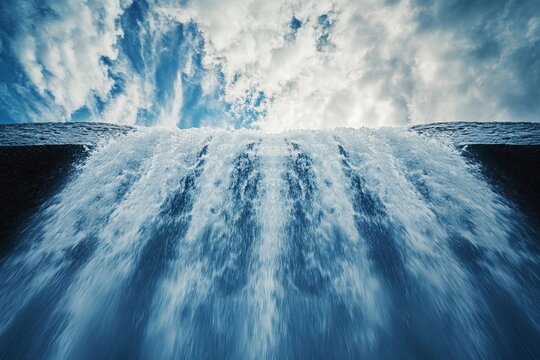 Powerful waterfall cascading from rocky cliffs under a bright blue sky - Powered by Adobe