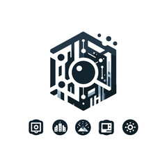 logo featuring a magnifying glass within a hexagonal structure, with related icons.