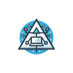 modern flat design icon of a laptop computer inside a triangle, symbolizing a digital network or technological system.