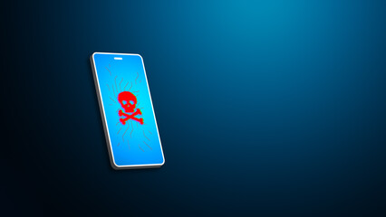 Smartphone virus warning with red skull symbol on screen, mobile cybersecurity threat concept, malware infection danger on digital blue background