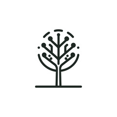 minimalist line art icon depicting a digital tree with circuit board elements, symbolizing technology and nature.