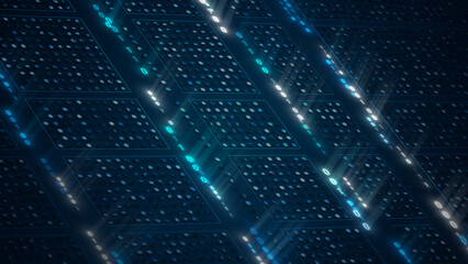 Futuristic Digital Data Blocks with Glowing Binary Code Streams and Abstract Technology Grid Background for AI, Blockchain, or Network Concepts