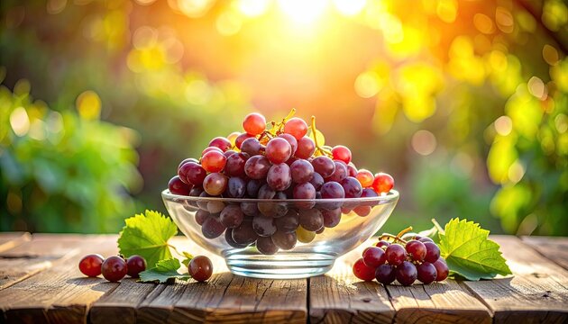 Bowl of Red Grapes With Green Leaves on a Wooden Table Bathed in Golden Sunlight with a Blurred Green Garden Background