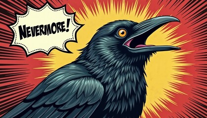 Surprised raven with open beak saying Nevermore! on a red starburst background, comic style poster