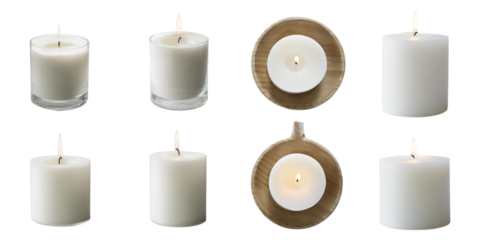 collection of white candles in different holders and designs, isolated on a transparent background, perfect for relaxation, decor, or spiritual projects.
