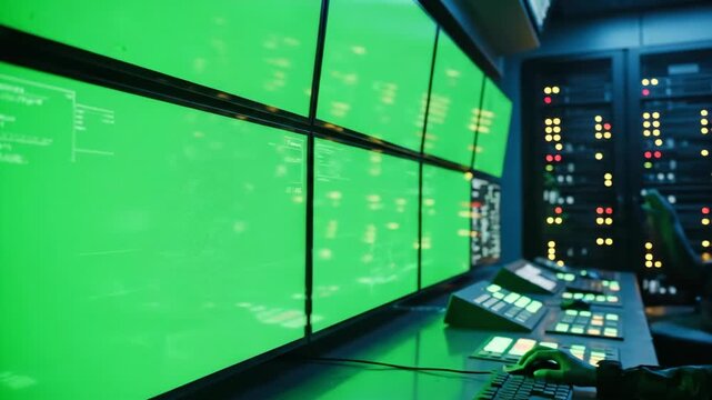 Female operator working in a high-tech control room with green screens. Woman in a headset monitoring data in a futuristic command center. Surveillance and cyber security concept with chroma key 