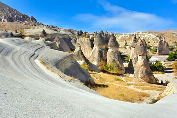 View of a breathtaking landscape in Cappadocia, Turkey, featuring unique rock formations known as...