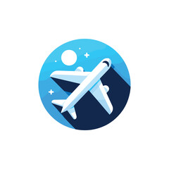 airplane flying across a blue sky with a moon and stars, depicted in a modern flat design icon.