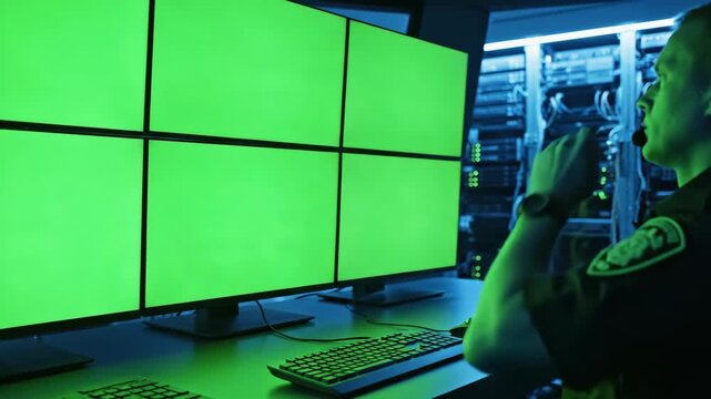 Security guard monitoring a video wall with green screens in a dark control room. Male operator working at a computer in a data center. Technology and surveillance concept with chroma key copy space