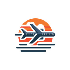 Airplane flying at sunset or sunrise, a modern travel and aviation logo icon.