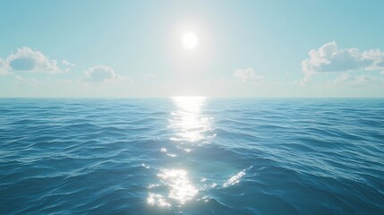 Fototapeta premium Serene ocean view under a bright sun with gentle waves and fluffy clouds in the background