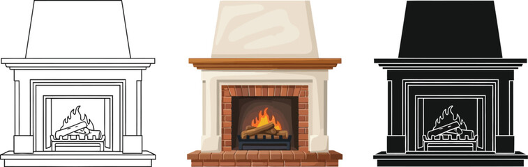Three fireplace designs illustrated in line, beige, and black styles