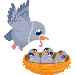 Cute cartoon pigeon flying to feed its three baby chicks in a nest with a worm in its beak on a white background