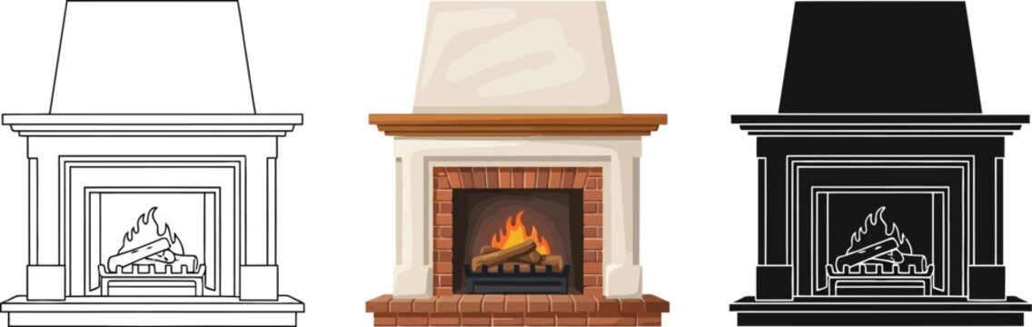 Three fireplace designs illustrated in line, beige, and black styles