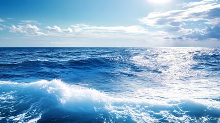 Fototapeta premium Serene ocean waves gently crashing under a bright sky, reflecting sunlight, ideal for relaxation