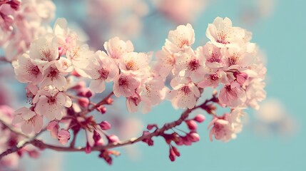 Obraz premium Delicate pale pink blossoms cluster on a tree branch against a soft blue sky background