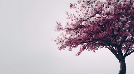 Lush canopy of blooming deep pink and white blossoms covers the upper right portion of the frame against a light sky