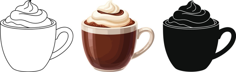 Vector art of three illustrated coffee cups with whipped cream