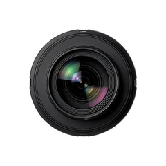 Close up macro view of a professional camera lens with colorful light reflections on the glass against a dark background