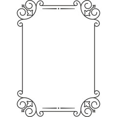 Ornate Black Vintage Rectangular Frame with Swirl Flourishes at Corners and Decorative Horizontal Lines Top and Bottom on Transparent Background