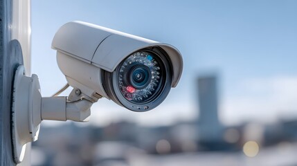 Outdoor surveillance camera mounted against a bright blue sky overlooking an urban area