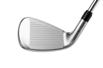 Close up studio shot of a modern golf club iron head with clean grooves against a stark black background