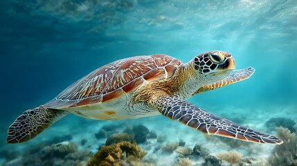 Marine reptile gracefully swims through sunlit tropical ocean water above coral formations