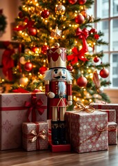 Festive nutcracker stands proudly beside beautifully wrapped gifts under a glowing christmas tree in a cozy indoor setting during the holiday season nutcrackers holiday  decoration christmas toy festi