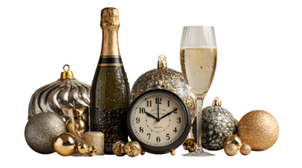 Luxury New Year 2026 celebration setup in vertical layout featuring a chilled champagne bottle, metallic gold ornaments, clock nearing midnight, and soft sparkle lighting, isolated on white background