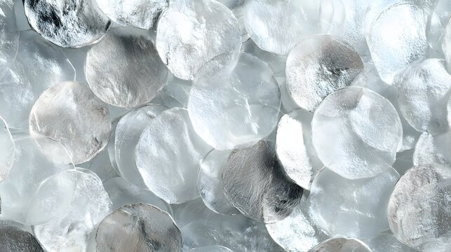 Translucent, silvery, circular decorative elements create a shimmering background texture.