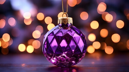 Obraz premium Beautiful purple ornament hanging against a blurred background of warm festive lights during the holiday season