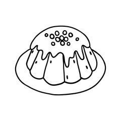 Christmas bundt cake with smooth glaze and decorative toppings. Hand drawn illustration in line style.
