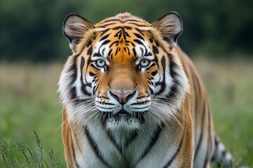 Fototapeta premium Color-changing tiger displaying vibrant hues in a lush jungle setting during twilight