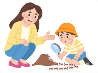 Illustration of Boy and Woman Observing Ants with Magnifying Glass