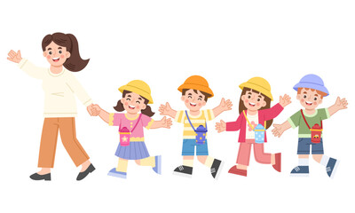 Illustration of students and a teacher on a class field trip