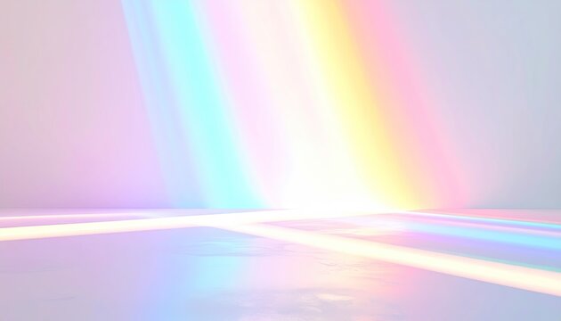 Prismatic light beams creating a rainbow effect on a clean white floor and wall background during daylight illuminating soft pastel color gradients for a dreamy and ethereal atmosphere
