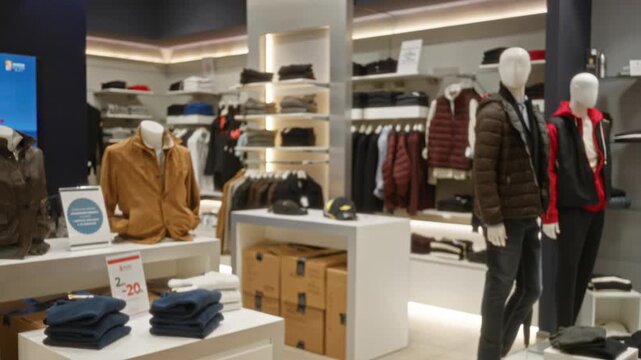 Blurred retail shop interior with shallow bokeh, defocused clothing displays, mannequins and shelving shop; backplate template overlay calm.