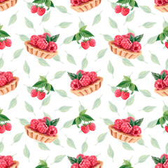 Watercolor summer seamless pattern with raspberry tarts, green leaves and fresh raspberries. Berry dessert repeatable design in vintage style for wrapping paper, packaging, textile and kitchen decor.